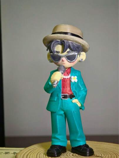 Q-Version Boy Character Figurine, Stage Style Green Suit & Straw Hat Design Doll, Creative Desktop Decor Model, Bedroom Desk Collectible Small Gift