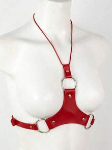 1件裝女款黑色龐克風倒Y型PU皮革細肩帶胸部束帶身體飾品，適合祭典、派對、演唱會與表演 - 紅色 - 查看 4