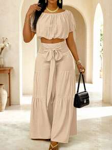 Conjunto de dos piezas para mujer de primavera/verano con top de manga corta de unicolor + pantalones largos con lazo en la cintura, ajuste ceñido sin elasticidad, elegante - Albaricoque - Ver 1