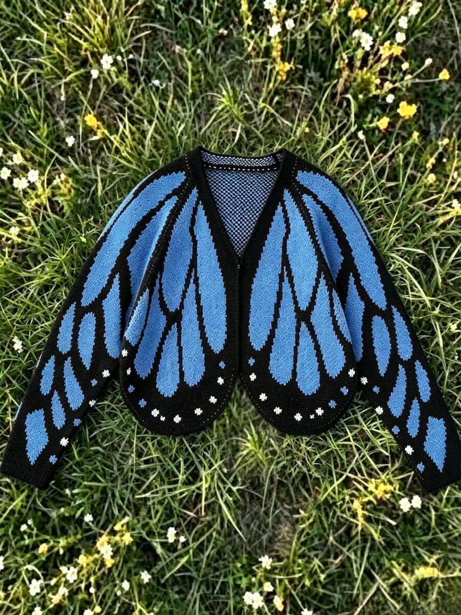 Butterfly Cape Knit Cardigan, Contrast Color Crochet Design, Loose Batwing Sleeves, Spring/Autumn Atmosphere Outerwear Sweater Jacket