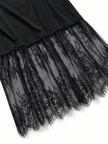Women's Black Loose Short Sleeve Knit Dress, Lace Patchwork Mid-Length French Casual, Elegant For Dating, Vacation, Street Wear (Belt Not Included) - Black - View 7