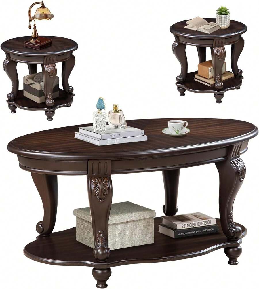 LKTART - Juego de mesa de centro de madera con estante de almacenamiento, mesas de café ovaladas y mesa auxiliar redonda para sala de estar, granja, patas talladas elegantes antiguas, fácil montaje - Mesa de centro natural antigua - Ver 1