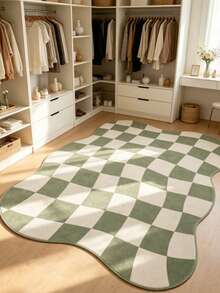 1pc Soft Green Checkerboard Asymmetrical Shaped Artistic Area Rug, Personalized Aesthetic Style Decor Mat, Ins Vibe Living Room Aesthetic Carpet, Modern Minimalist Soft Furnishing Accent, Asymmetrical Shaped Design, Small Rug, Doormat, Home Decor, Washable Carpet - Multicolor - View 2
