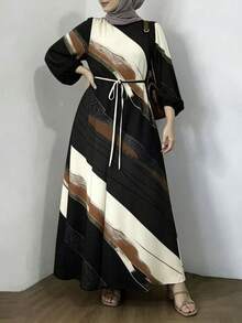 Elegant Long Arabic Style Dress, Bishop Sleeves, Round Neck, Abstract Print Woven Fabric Black - Black - View 5