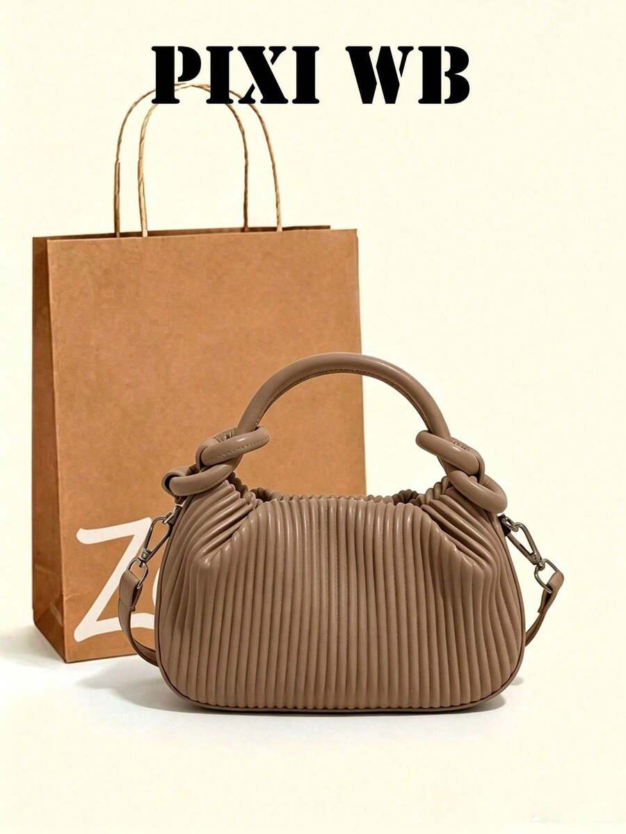 Fashion Solid Color Vertical Pleated Woven Mini Handbag, PU Material Knotted Handle, With Detachable Crossbody Strap, Minimalist Elegant Daily Shoulder Bag, Suitable For Career Women And Minimalist Enthusiasts, Perfect For Daily Commute, Coffee Dates, Weekend Shopping And City Leisure Walks. - Khaki - View 1