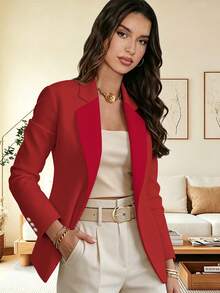 Jaket Blazer Rajut Wanita Elegan, Modis, Warna Merah, Potongan Reguler, Kerah Panjang, Lengan Panjang, Bagian Depan Terbuka dengan Detail Kancing - Merah - View 2