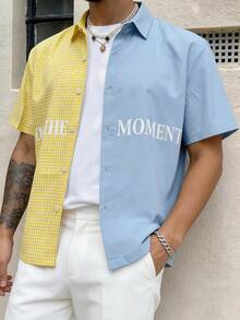 Plaid & Solid Color Splice Contrast Color Men's Summer Commute Casual Vacation Style Letter Print Shirt - Multicolor - View 5