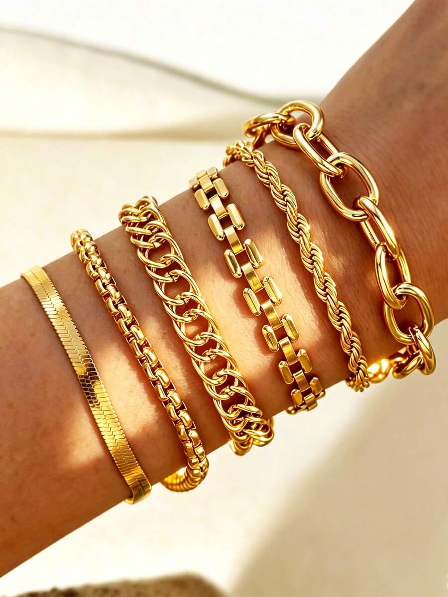 6pcs Women Layered Bracelets Set, Hollow Chain & Snake Bone Chain, Gold Tone, Versatile For Daily Wear And Party - Yellow Gold - View 1