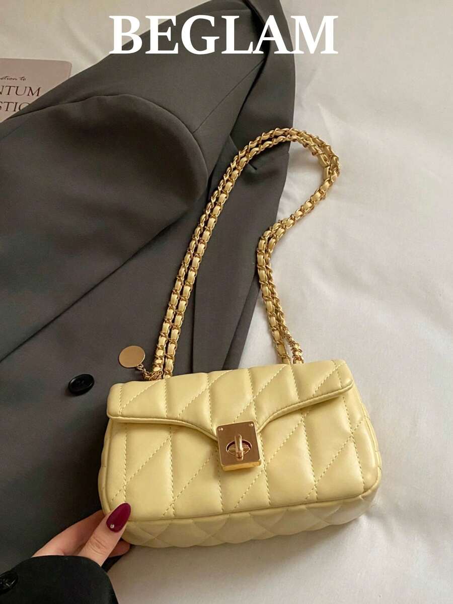 Fashion Solid Color Quilted Twist Lock Shoulder Bag - Yellow - View 1