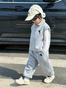 Young Boy Knight Pattern Vest And Long Pants Casual Daily Outfit - Grey - View 4