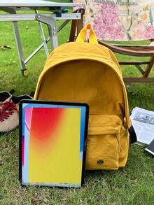 1pc Yellow Nylon Casual Minimalist Style Sports Outdoor Multi-Pocket Comfortable Shoulder Strap Zipper Closure Large Capacity Foldable Water-Resistant Backpack (No Pendant) Suitable For Spring/Summer Hot-Selling Model, Suitable For Students, Can Be Used For Campus, Commuting, Outdoor Travel, Also As A Holiday Gift, Can Hold Books, Pencil Case, Makeup Bag, Makeup Box, Etc., Suitable For Home, Gift, Vacation - Yellow - View 9