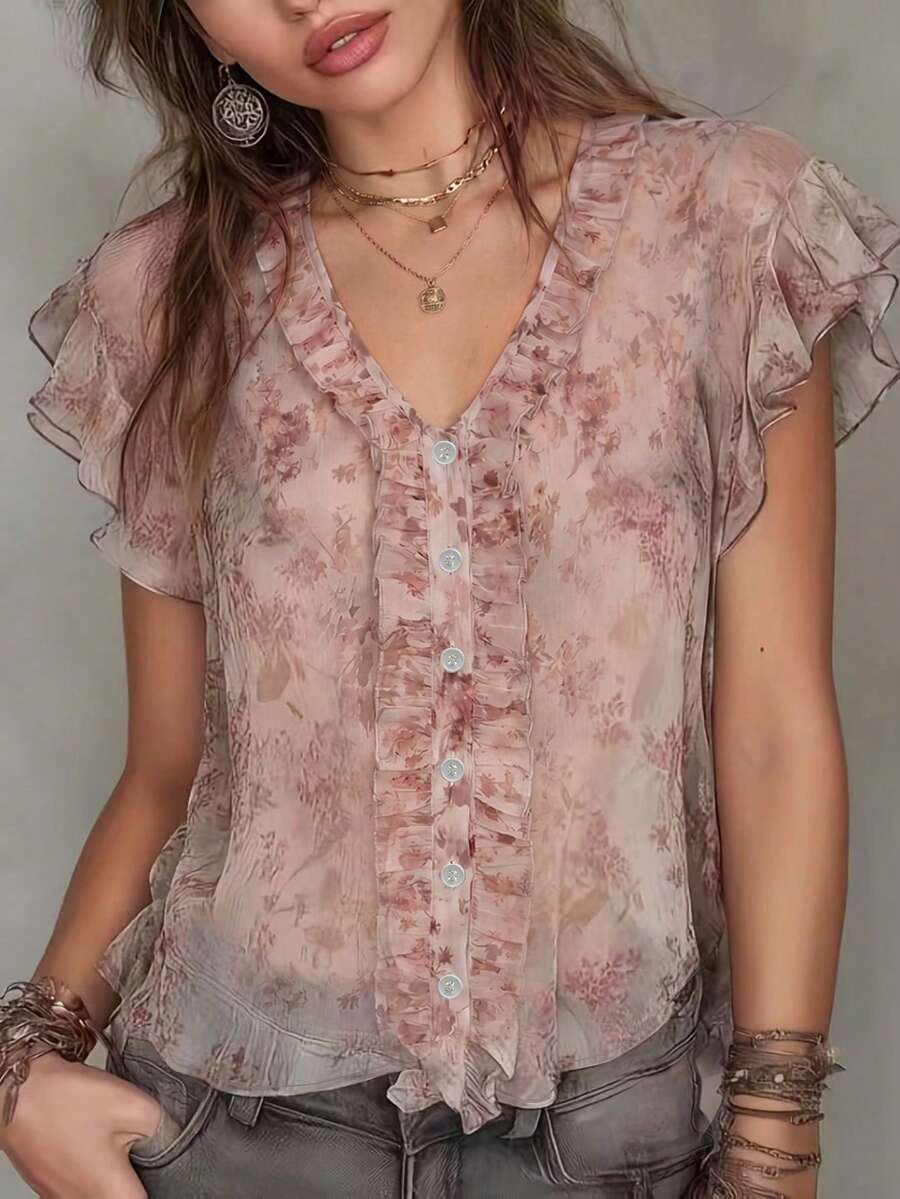 女款優雅花卉印花透視短袖V領襯衫，荷葉邊飾鈕扣前襟荷葉袖度假夏季 - 彩色 - 查看 1