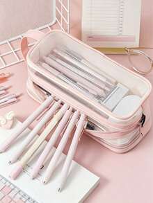 1pc Large-Capacity Grid Pencil Case With 2 Compartments - Durable Transparent Pencil Case, Multi-Functional Transparent Pencil Case, First Day Of School - Multicolor - View 3