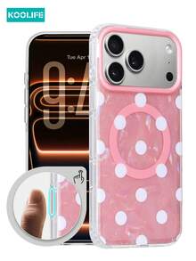 KOOLIFE 1pc Pink Iridescent Shell White Big Polka Dot Magnetic Phone Case, Built-In MagSafe Magnet With Independent AI Button, TPU+PC 2 In 1 Dual Layer Shockproof Glossy Cover, Cute Sweet Ins Girly Minimal Fashion Style, Raised Anti-Scratch Camera Edge Holiday Gift Shell Compatible With Apple 17/17pro/17promax/16/15 - Pink White Polka Dots - View 6