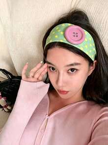 1件大鈕扣條紋髮箍 多巴胺 Y2K 學院風 柔軟彈性寬版髮帶 可愛美學女性日常佩戴髮飾 - 彩色 - 查看 11