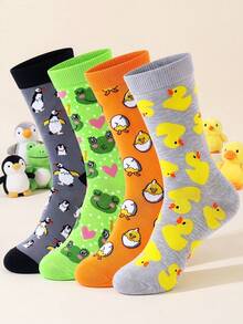 1/4 Pairs Unisex Fashionable Cute Animal Series Mid-Calf Socks With Frog, Duck, Penguin, Chicken Pattern Designs, Soft And Comfortable, Great Gift Choice, Couple Socks - Multicolor - View 1