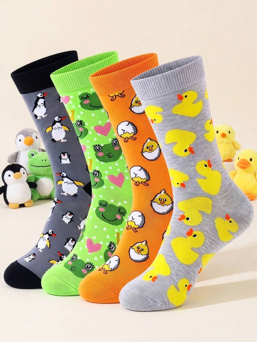 1/4 Pairs Unisex Fashionable Cute Animal Series Mid-Calf Socks With Frog, Duck, Penguin, Chicken Pattern Designs, Soft And Comfortable, Great Gift Choice, Couple Socks - Multicolor - View 1