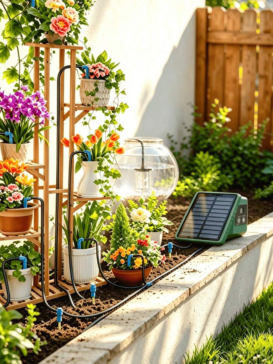 New Solar Powered Irrigation System (DIY Kit) - Drip Irrigation System With 300 Irrigation Modes, Equipped With 10m Hose And 10 Drippers, Suitable For Indoor And Outdoor Automatic Watering - A - View 1