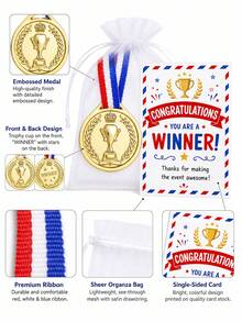 36/18/3pcs Gold Medal Set With Greeting Cards And Tulle Storage Bags, Competition Medals, Suitable For Party Games, Birthday Celebrations, School Sports Award Ceremonies, Party Favors, Office Team Building Activities And Halloween/Christmas Gifts - Multicolor - View 2