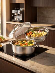 1 COOKERKING Stainless Steel Steamer/Steamer, 24cm (6.3L), 26cm (7.6L), Multi-Functional Household Steamer/Steamer With Glass Lid, Induction Cooker Compatible, Large Capacity, Healthy Cookware - View 4