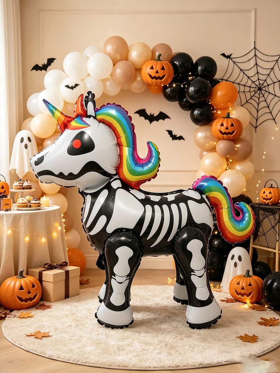 1pc Large Assembled Colorful Halloween Skeleton Horse Shaped Aluminum Foil Balloon, Suitable For Halloween Theme Party Standing Balloon - View 1