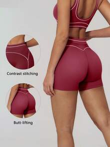 TimeOff Women's 1pc Contrast White Line High Waist Tummy Control Sports Shorts - Burgundy - View 11