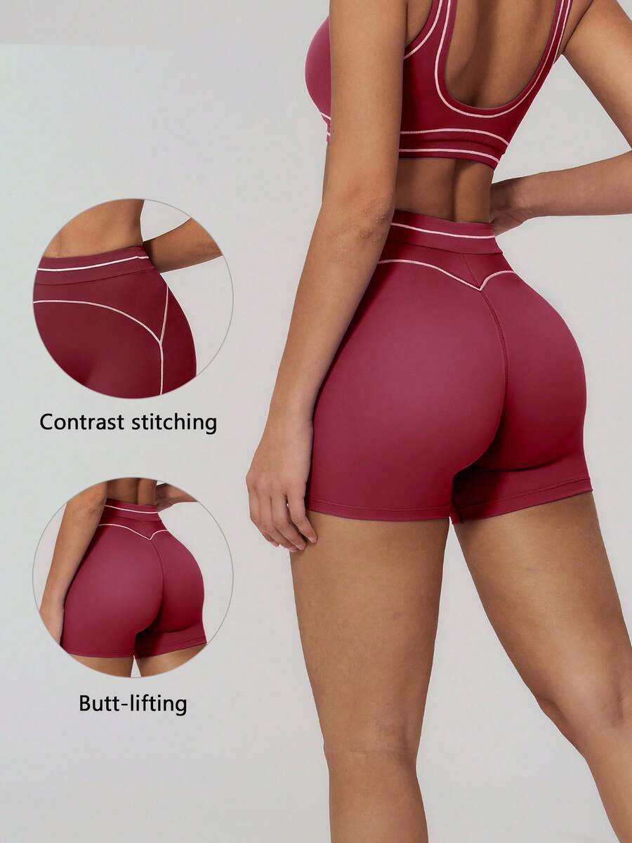 TimeOff Women's 1pc Contrast White Line High Waist Tummy Control Sports Shorts - Burgundy - View 1