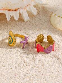 2pcs Stainless Steel Colorful Drip Oil Beach Vacation Style Ribbed Starfish & Shell Open Ring Set, Suitable For Women's Daily Beach Wear - Multicolor - View 3