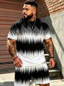 2pcs/Set Summer Men's Big & Tall Plus Size Set, Black & White Gradient Ripple Print Top And Shorts, Fashionable High Street Casual Outfit Sports - Black and White - View 1