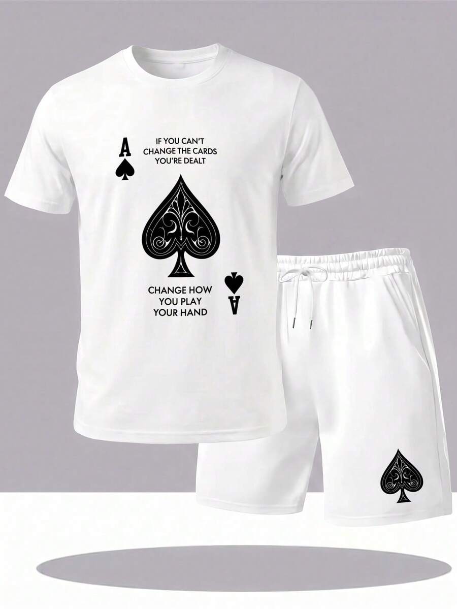 Conjunto de camiseta de manga corta transpirable de color liso y pantalones cortos con cintura de cordón para hombre, casual para uso diario y verano - Blanco - Ver 1