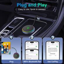 Adaptador inalámbrico CarPlay para coche, caja de conexión automática de cable a inalámbrico, compatible con todos los smartphones, compatible con navegación, reproducción de música, adaptador de interconexión de unidad principal de coche con luz redonda de colores, compatible con Android Auto, plug and play - A - Ver 3