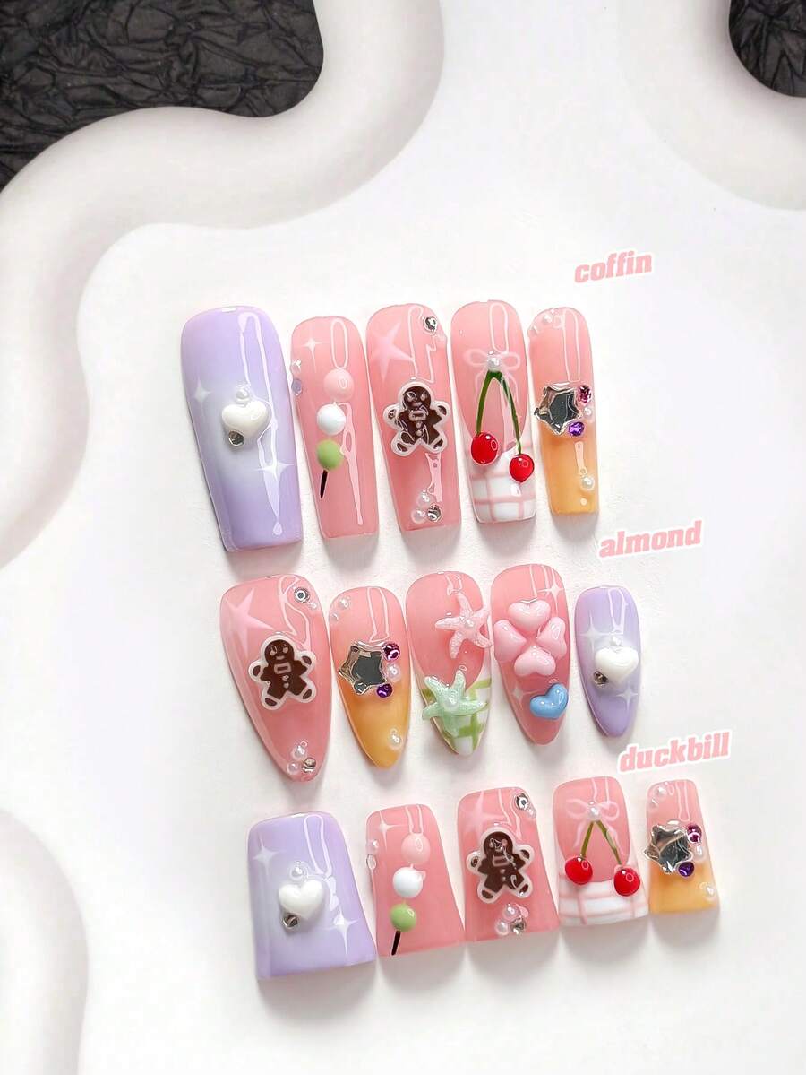 10pcs Sweet Style Handmade Press-On Nails, Polygel Nail Art Set, Heart, Starfish, Cherry And Star Patterns, Purple, Pink, Yellow Nail Polish, Cute Girl Style, Includes Nail Tools, 3 Sizes Available, Almond, Duck, Coffin Shape, Suitable For Party, Dancing, Daily Wear - 彩色 - 查看 1