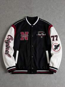 MAISONFOX Men's Colorblock Baseball Jacket With Vintage Patch & Arm Lettering, Crew Neck Loose Fit Bomber Jacket, Y2K Hip Hop Urban Outerwear - Black - View 1