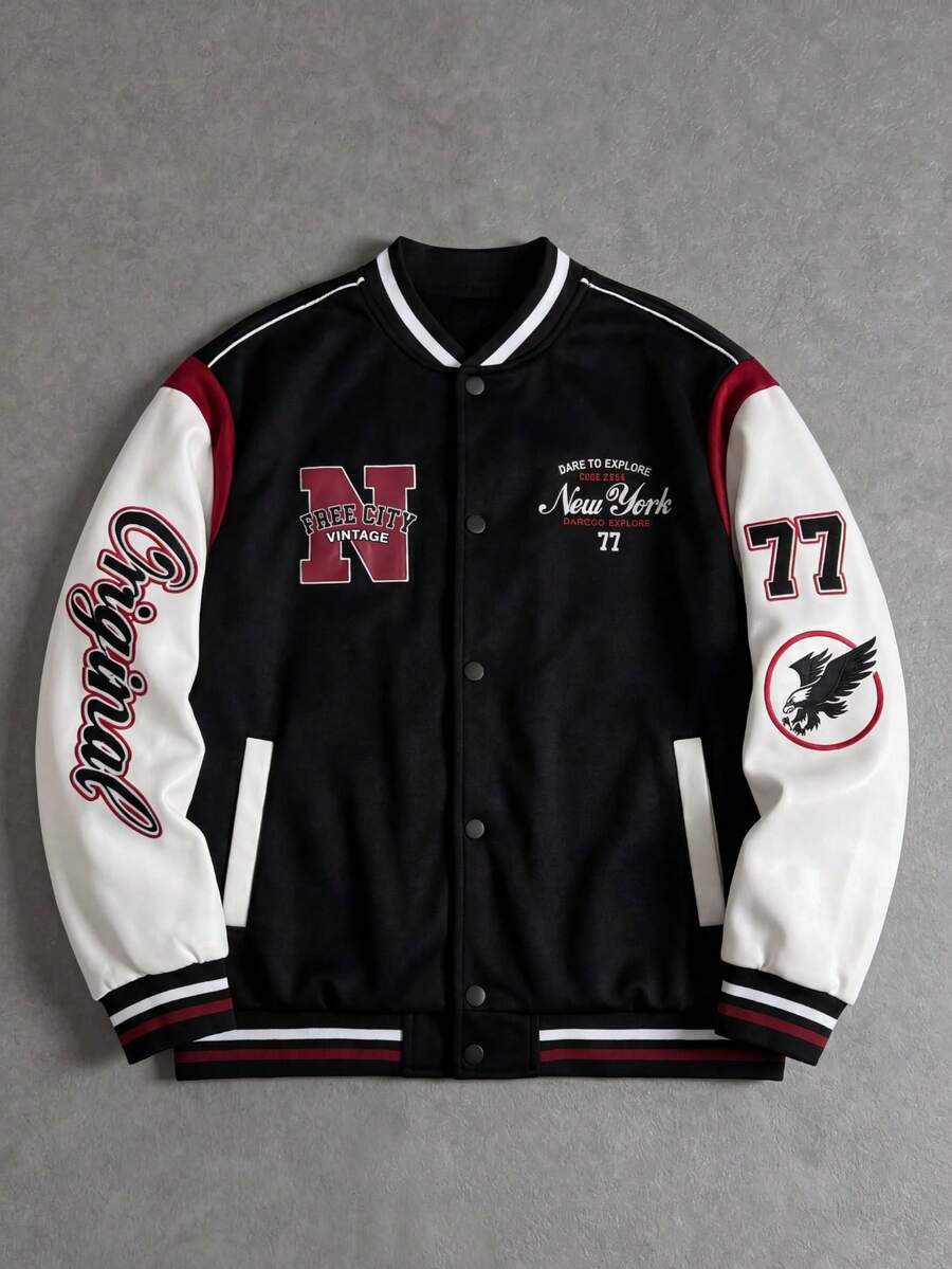 MAISONFOX Men's Colorblock Baseball Jacket With Vintage Patch & Arm Lettering, Crew Neck Loose Fit Bomber Jacket, Y2K Hip Hop Urban Outerwear - Black - View 1