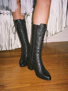 Women's Easter Leather Black Mid Calf Boots Lace Up Chunky Heel Vintage Combat Heeled Dress Casual Boots Country Concert Combat Boots For Women - 黑色 - 查看 1