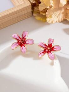 1 Pair Fashion Minimalist Floral Oil Drop Earrings For Women Daily Wear - Hot Pink - View 3