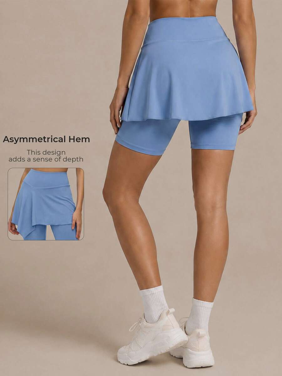 Women's Anti-Exposure 2 In 1 Asymmetrical Skort High Waisted Slimming Fitness Sports Shorts - Blue - View 1