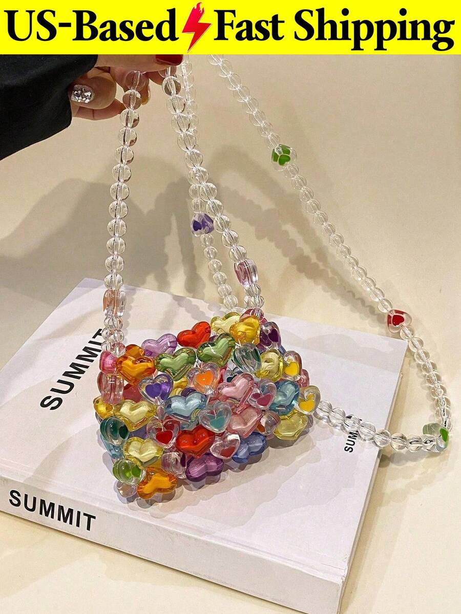 Mini Heart Shape Beaded Square Bag For Women Shoulder Crossbody Bag Cute Open Mouth Handbag Summer Mini Purse Beach Bag Birthday Gift Travel Essential - 彩色 - 查看 1