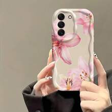 1pc Pink Floral Soft White Cream TPU Curly Wavy Border Phone Case, Compatible With Samsung A14/A15/A16/A17/A04/A05/A06/A07/A54/A55/A56/A57/A34/A35A/36/A37/S26/S26Plus/S26Ultra/Transsion SMART7/8/9/10 - White - View 1