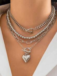 4pcs Set Minimalist Elegant Silver Layered Necklaces, With OT Clasp, Beaded Chain And Paperclip Chain, 3D Heart Pendant Short Necklace, Suitable For Girls - Silver - View 6