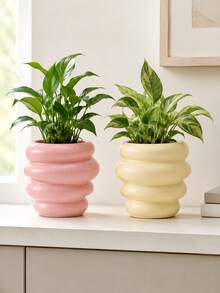 1pc Pink & Yellow-Green Plant Pot, Minimalist Nordic Style, Round Wavy Design, Home Desktop Decor Flower Pot, Living Room Balcony Windowsill Gardening Display Scene - A - View 1