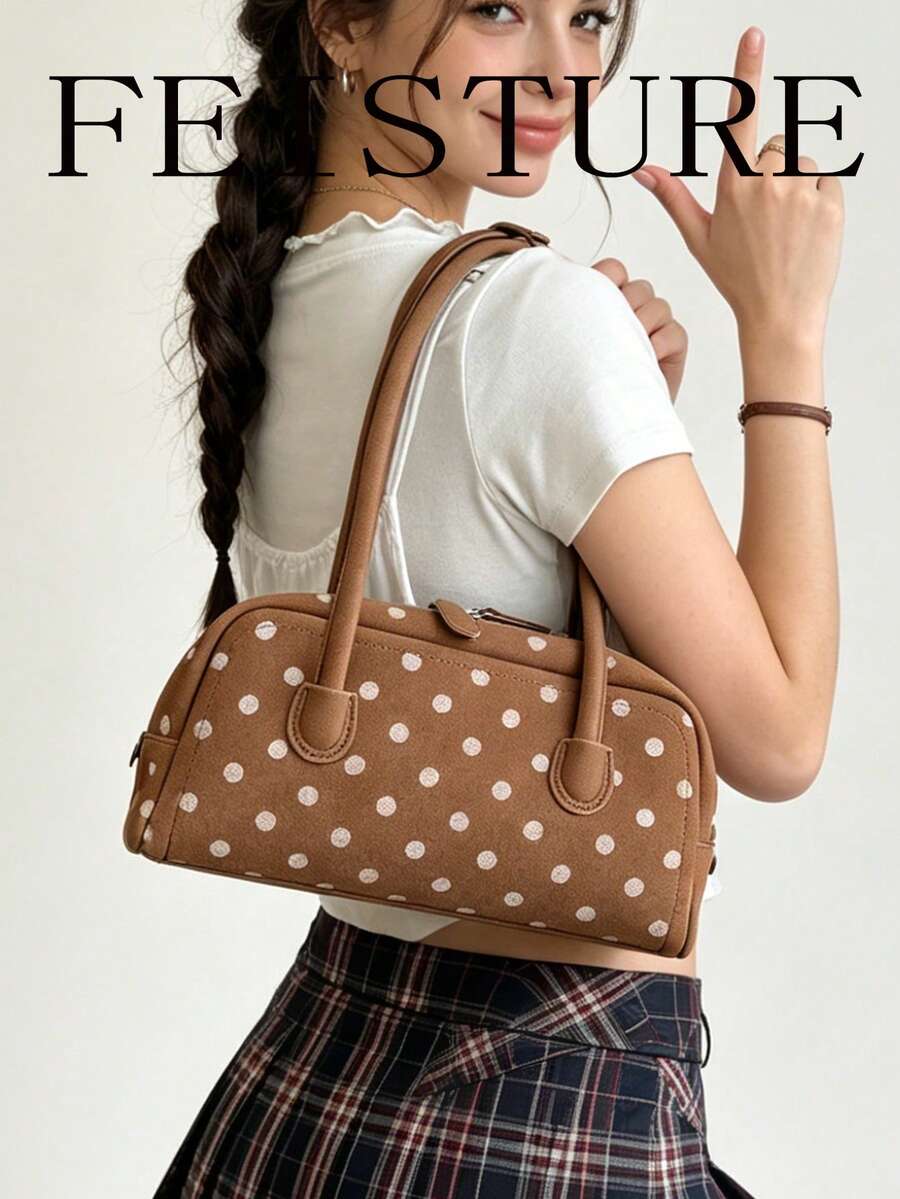 FEISTURE 1件人造皮革PU波點印花保齡球包 女款時尚單肩腋下包 拉鍊開合 適合女孩、女性、大學生、職場新人與白領上班族，完美適用於工作、商務、通勤、上學
