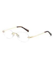 1 Pair Women's Rimless Small Oval Metal Temple Fashion Decorative Plano Glasses - Gold - View 3