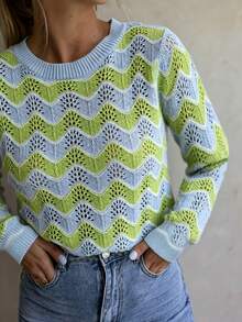 Vintage Style Crochet Knit Women's Long Sleeve Pullover, Green & Blue Wavy Striped Colorblock Pattern, Semi-Sheer Regular Length Fall - Blue - View 2