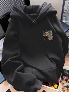 Women's Casual Drawstring Hooded Sweatshirt, Double-Sided Animal Print Pattern Detail, Long Sleeve Knit Pullover, Suitable For Daily Wear - Black - View 4