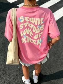 T-shirt femme côtelé, color-block, 100 % coton, avec imprimé lettrage dégradé ; coupe décontractée et sportive - Rose vif - Voir 1