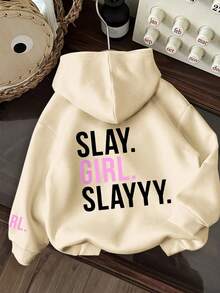 Tween Girl Fun Graphic Print Pullover Sweatshirt, Warm & Comfortable Thermal Lined Pullover Sweatshirt For Autumn/Winter - Apricot - View 1