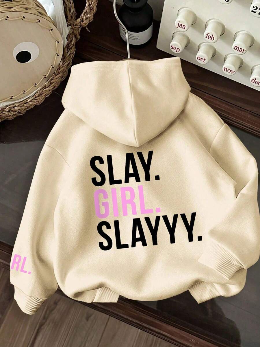 Tween Girl Fun Graphic Print Pullover Sweatshirt, Warm & Comfortable Thermal Lined Pullover Sweatshirt For Autumn/Winter - Apricot - View 1
