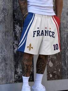 Fractyr 男款 French 10 足球條紋運動短褲，藍色 & 白色 & 紅色街頭風休閒彈性腰運動短褲，附百合花紋 & 星星印花 - 白色 - 查看 4