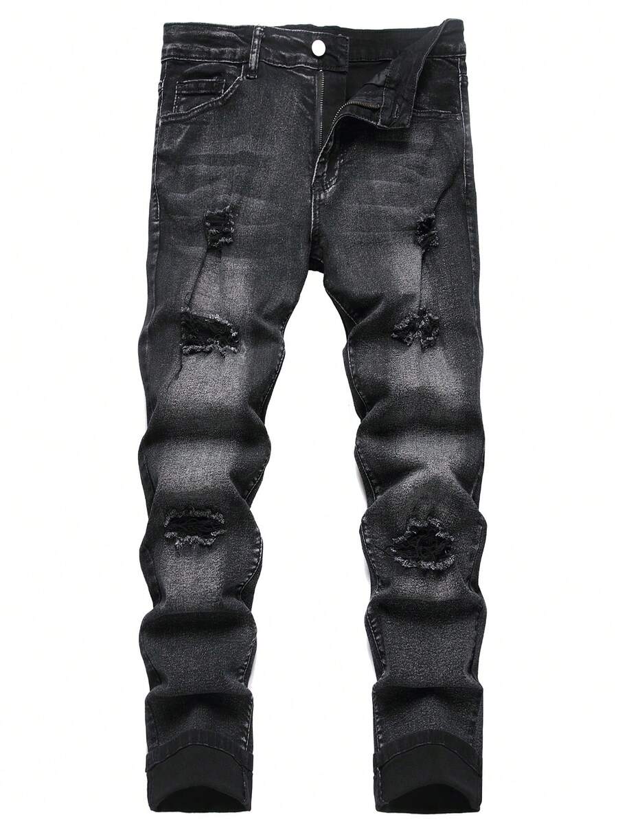 Pantalones vaqueros ajustados con roturas para hombres - Negro - Ver 1
